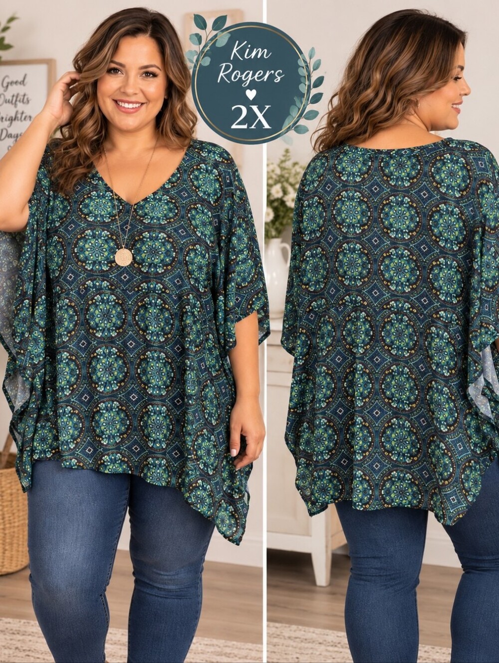Kim Rogers Plus Size Boho Poncho Kaftan Top Colorful Medallion Print Flowy Tunic